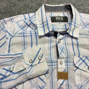 Buckle BKE Western Pearl Snap Shirt Mens M Blue White‎ Plaid Athletic Fit NEW
